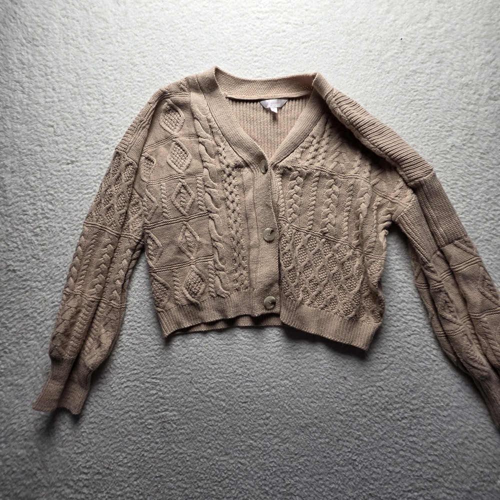 No Boundaries Cardigan Sweater Juniors 3XL Beige V Neck Cable Knit Cropped